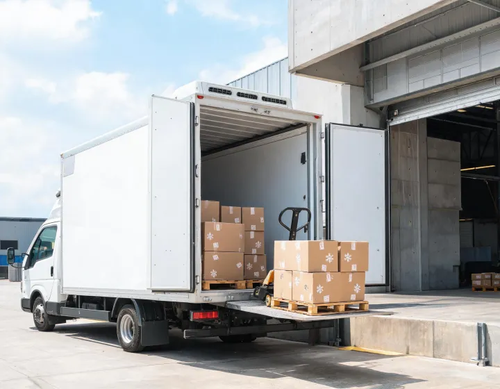 Unbranded refrigerated truck serving a grocery distribution dock