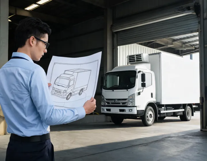 Vehicle specification review beside an unbranded refrigerated truck